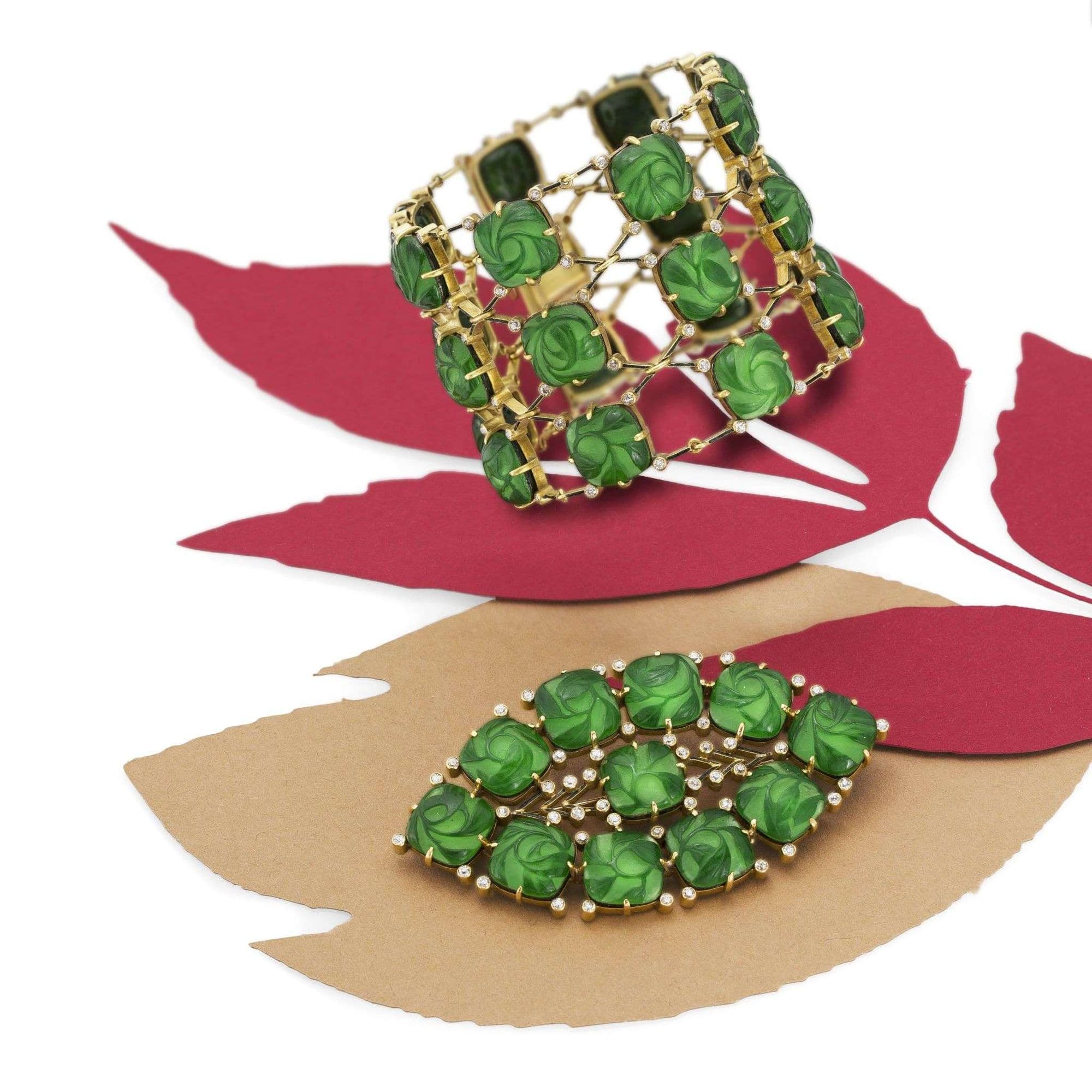 A glass, enamel and diamond bracelet, brooch and earring suite, by Lalique, circa 1905-10