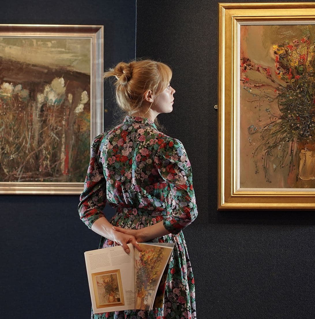 Chantal de Prez of Lyon & Turnbull viewing forthcomign works by Joan Eardley - June 2021 - Image by Stewart Attwood