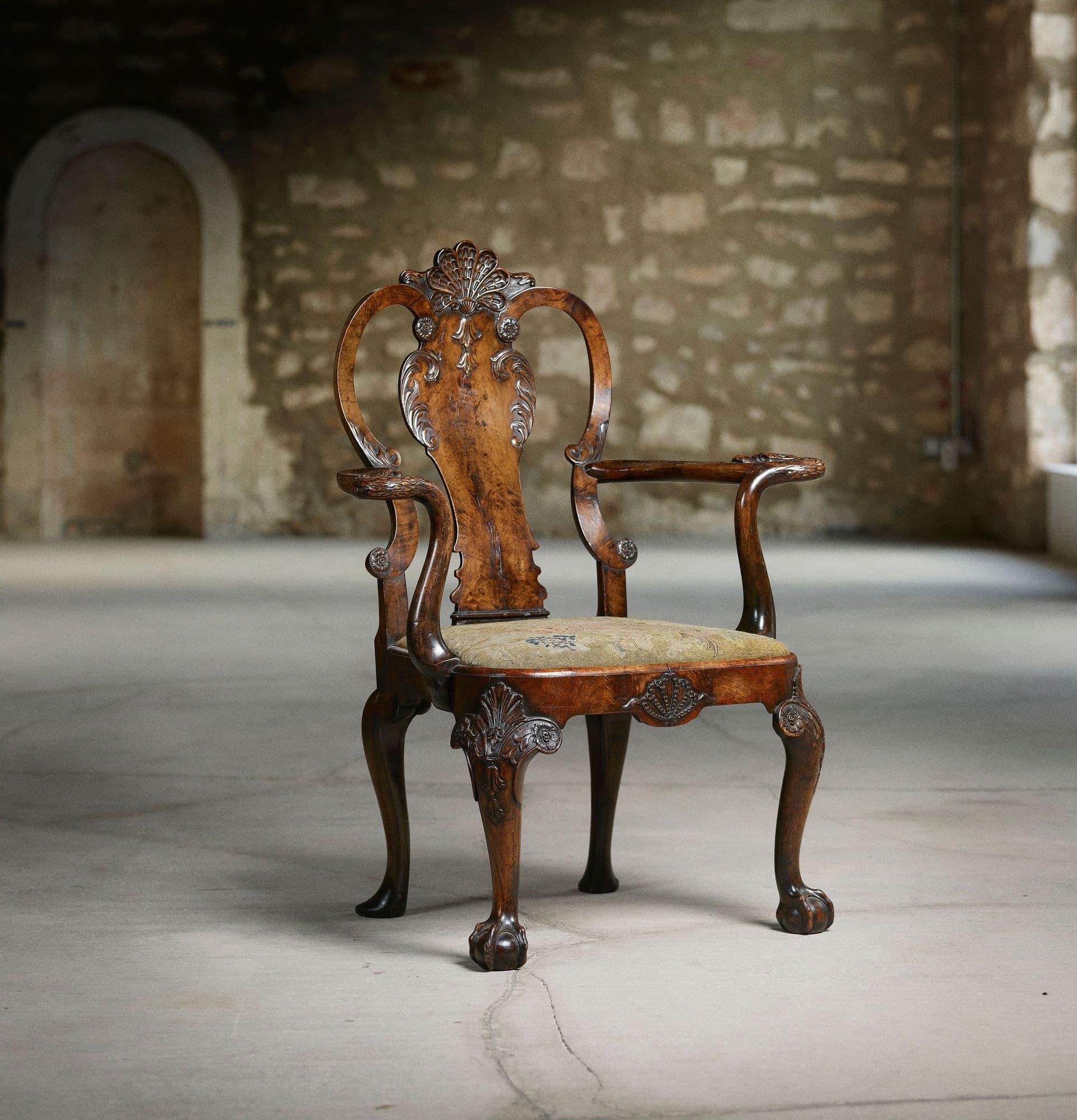 GEORGE II STYLE WALNUT ARMCHAIR MID 19TH CENTURY