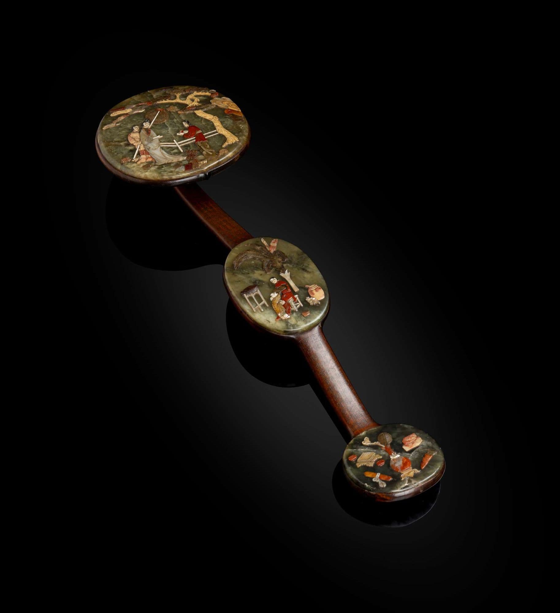 LARGE HARDSTONE INLAID SPINACH JADE-MOUNTED SILVER WIRE-INSET HONGMU RUYI SCEPTRE