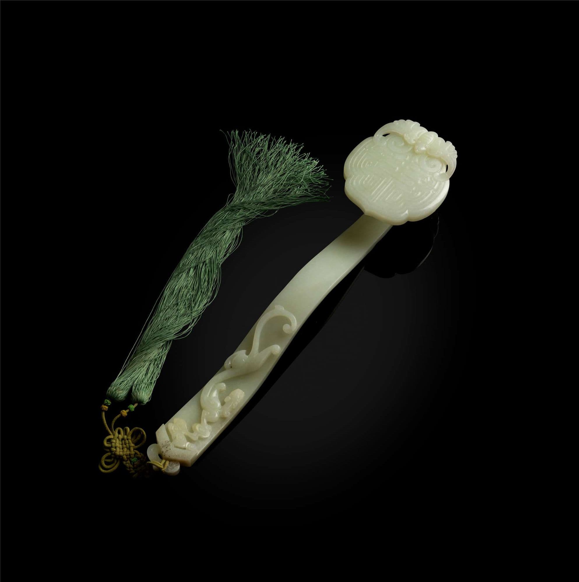 LARGE PALE CELADON JADE 'CHILONG AND BAT' RUYI SCEPTRE QING DYNASTY, 18TH CENTURY